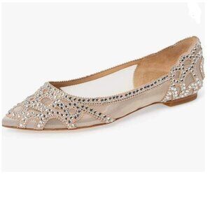 XYD Nude Pointed Toe Rhinestone Flats Mesh Slip On Low Heel Crystal Dress Shoes